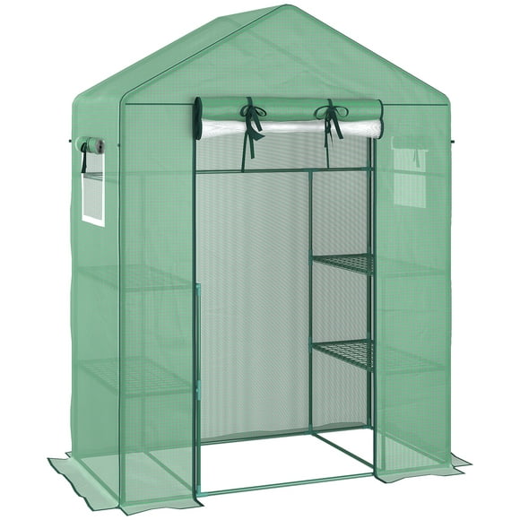 Outsunny Mini Greenhouse with Mesh Door & 3 Tier Shelves Garden Green House