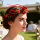 thumbnail image 4 of Corona de flores de Pascua | Accesorio para el cabello con rosas artificiales y hojas verdes | Cinta ajustable | Ideal para fiestas, bodas, festividades, fotografía y uso diario | Rosa vibrante,, 4 of 6