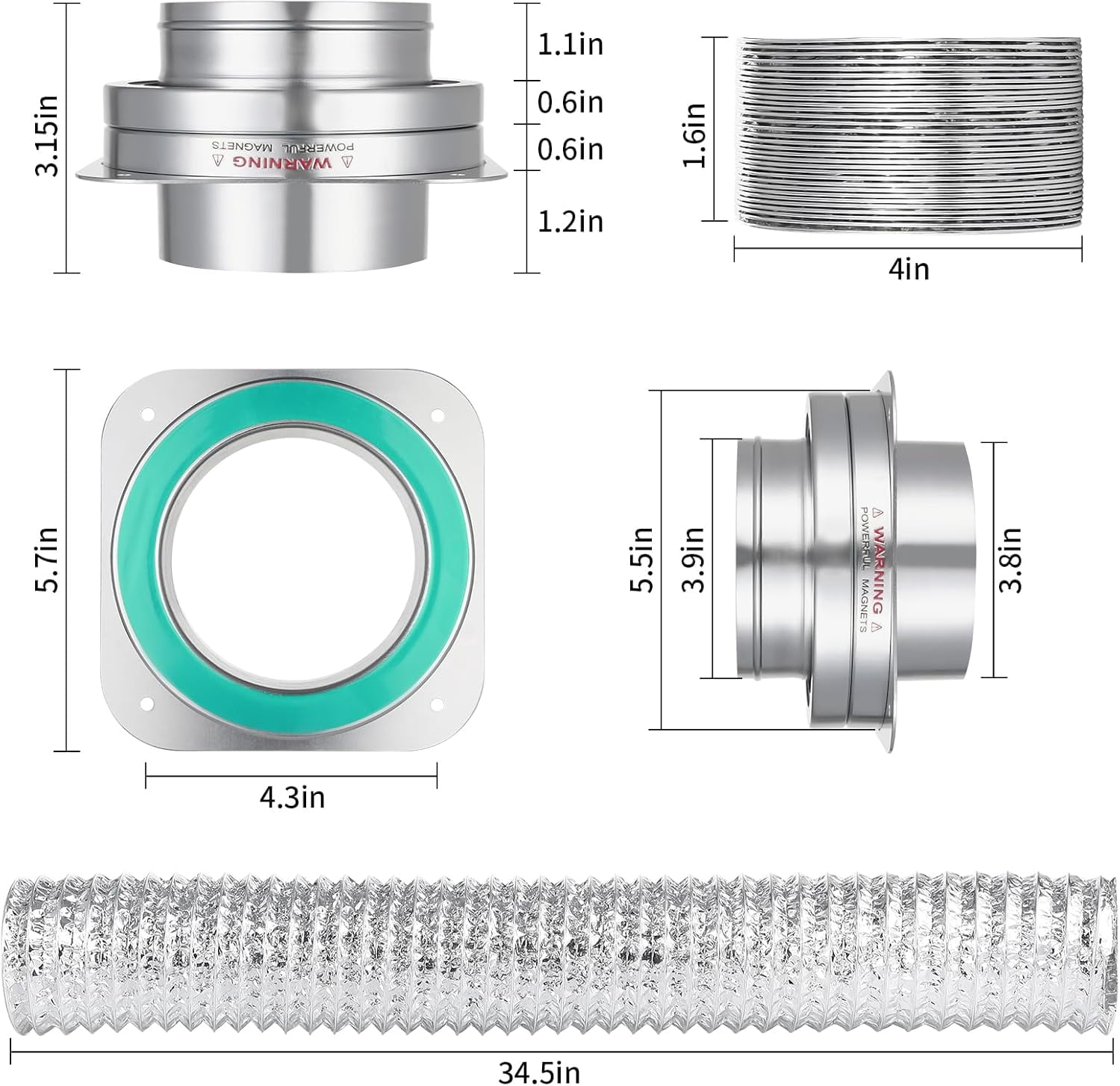 Magnetic Dryer Vent Coupling Connector Kit, DV180 Airtight Seal Coupling, Strong Magnet Quick Connection Self-Alignment Easy to Clean Included a 3ft 4" Duct & 2 Clamps