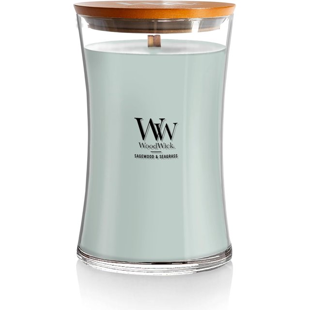 WoodWick Large Hourglass Candle Sagewood/Seagrass - Premium Soy Blend Wax Pluswick Innovation Wood Wick Made in USA