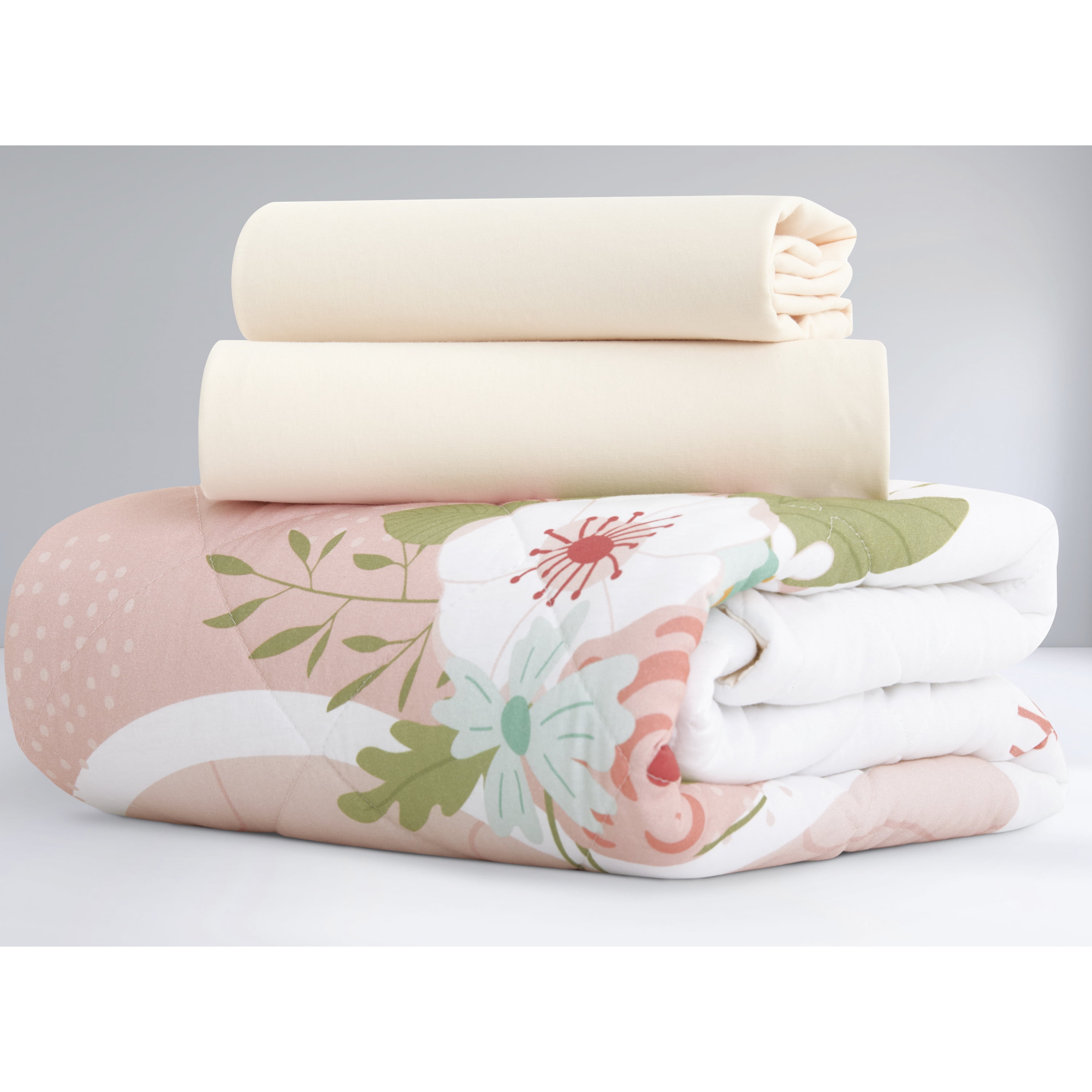 Evolur RainBoho Collection 3pc Toddler Bed Set (Fitted Sheet, Comforter, Pillow Case) in Light Peach & Rainbow Print