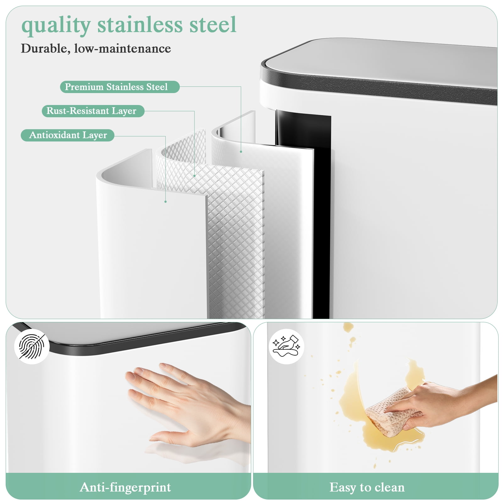 TLSUNNY 13.2 Gallon Kitchen Stainless Steel Trash Can, Square Step Pedal Brushed Garbage Bin w/ Removable Inner Bucket & Handle, for Bathroom