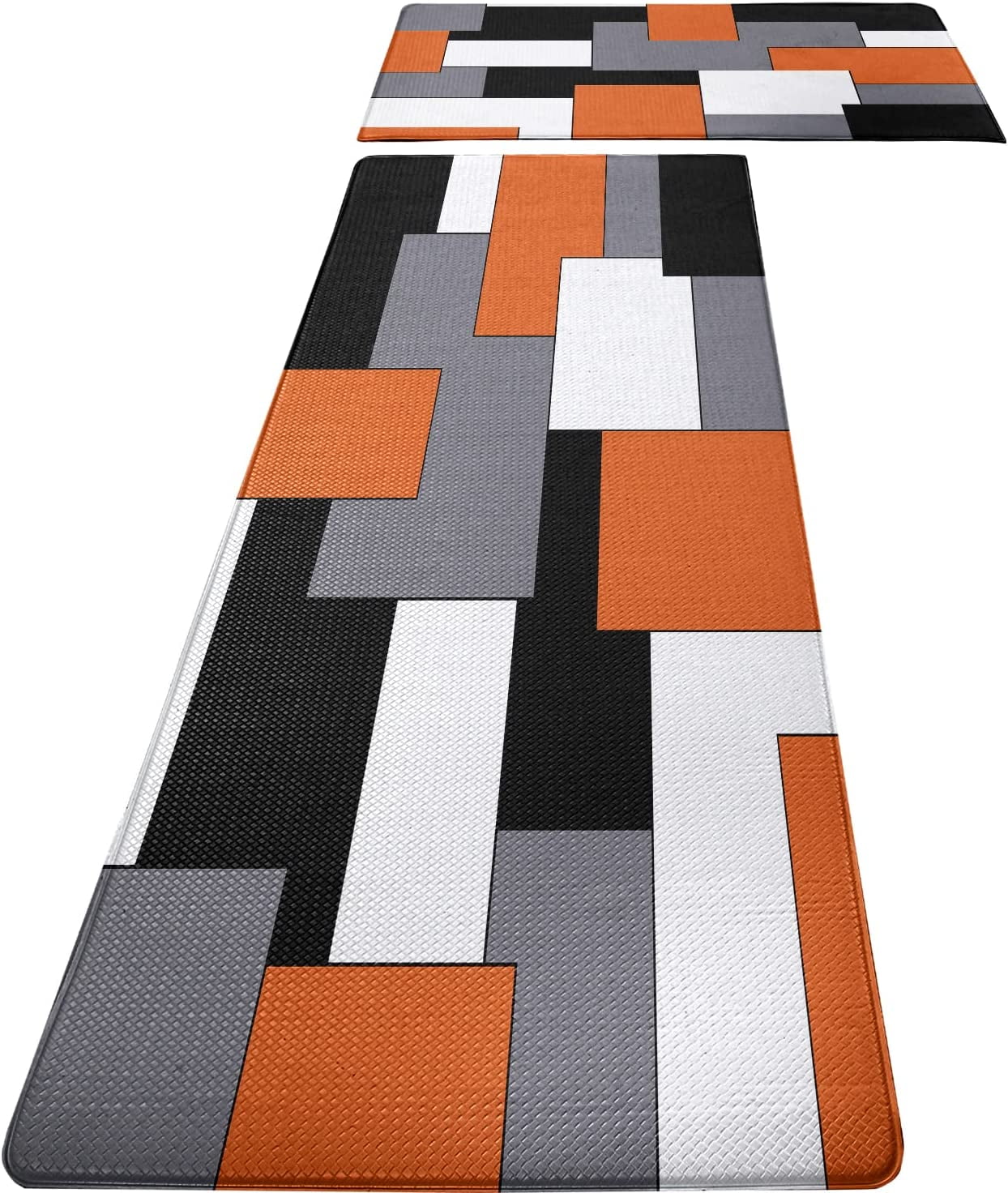 Orange Black Grey White Kitchen Rugs and Mats Set of 2 Cushioned Anti