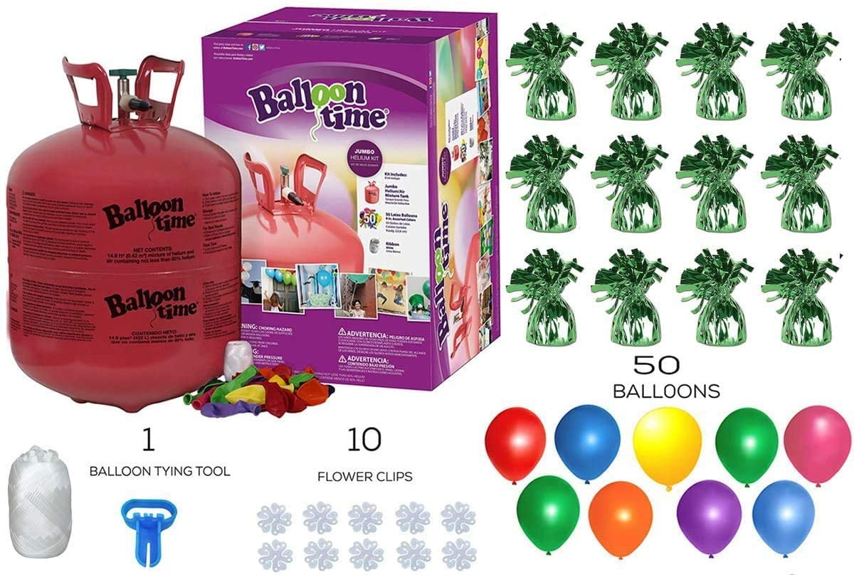 Helium Tank with 50 Balloons and White Ribbon + 12 Green Balloon