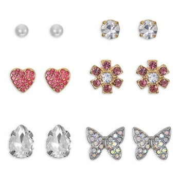 Women's Stud Earring Collection, Butterfly, Heart and Flower , 6 Pairs