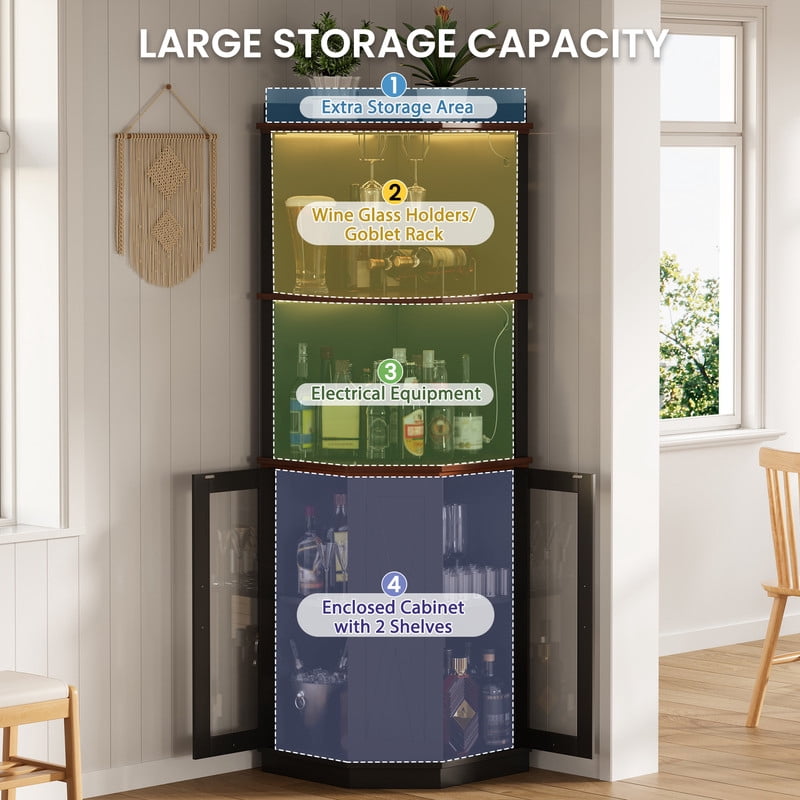 Triangular Corner Bar Cabinet with Power Outlet, Farmhouse Wine Storage Cabinet with Adjustable Shelves, LED Lights & Glass Rack