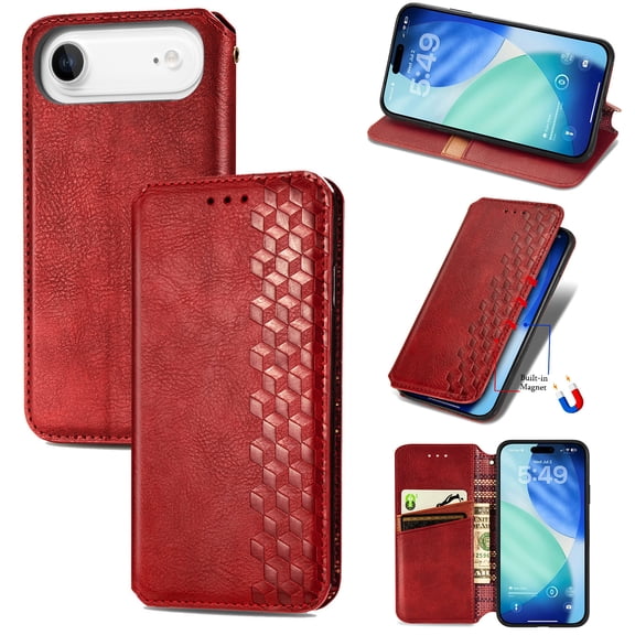 Dteck Magnetic Wallet Case for iPhone Air, Shockproof PU Leather Flip Card Slots Stand TPU Bumper Slim Protective Cover, Red