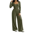 thumbnail image 7 of Lenpel Womens Casual Jumpsuits Square Neck Long Sleeve Back Zipper Rompers Solid Color Wide Leg Fashion Fall Clothes(Army Green,Small), 7 of 7