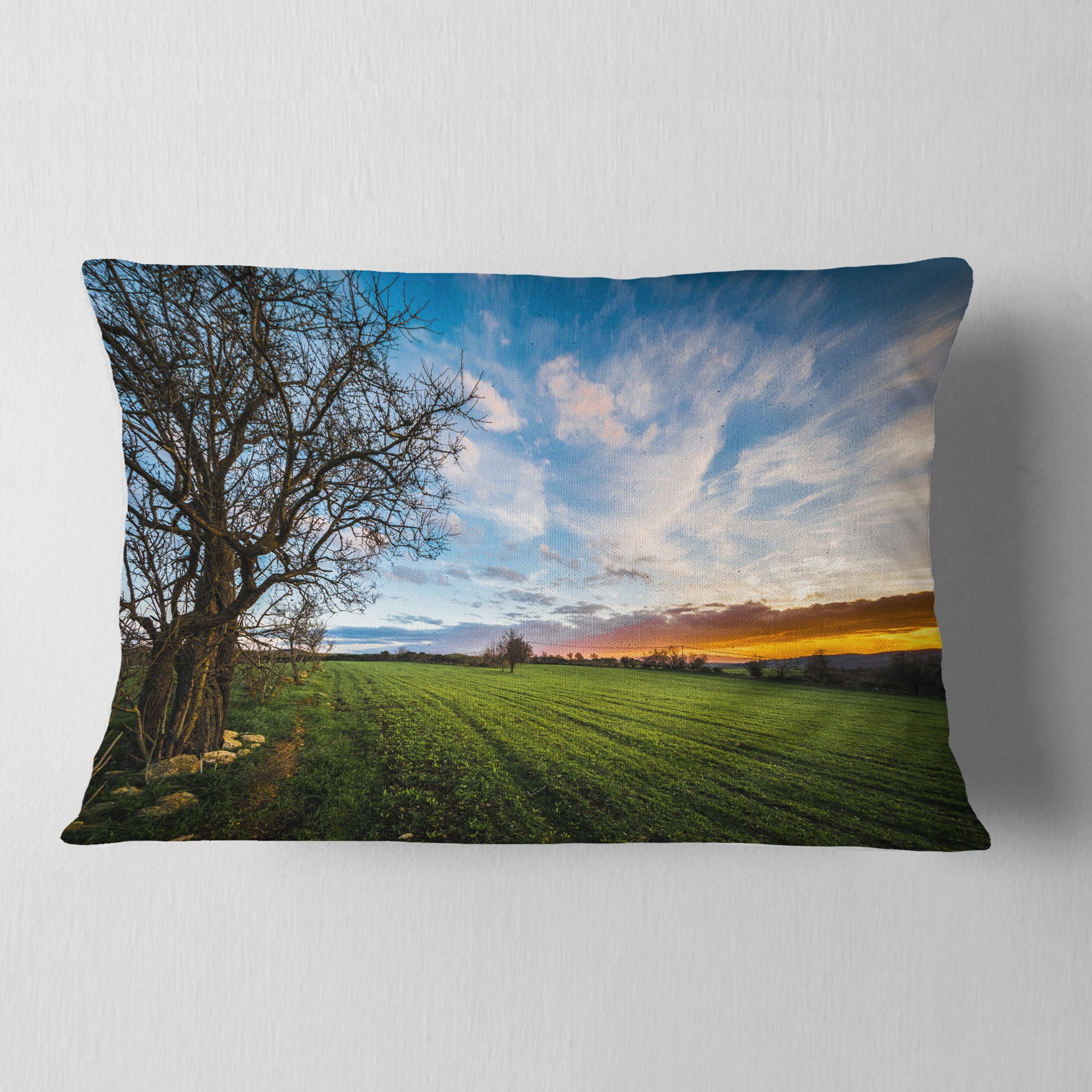 Designart Green Pasture under Blue Sky - Landscape Printed Throw Pillow - 12x20