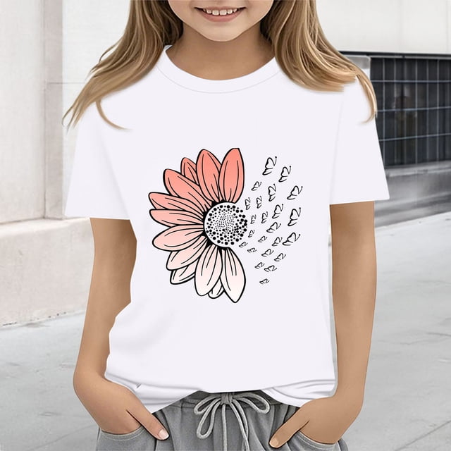 XIMIN T-Shirts Filles Graphiques Tournesol Manches Courtes Col Rond Coton Coupe Ample Décontractée Été