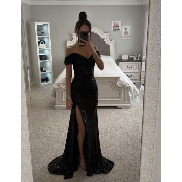 Vestidos largos de noche con hombros descubiertos y lentejuelas elegantes, vestidos formales de graduación con abertura fruncida de sirena personalizados para fiesta de mujer 2024