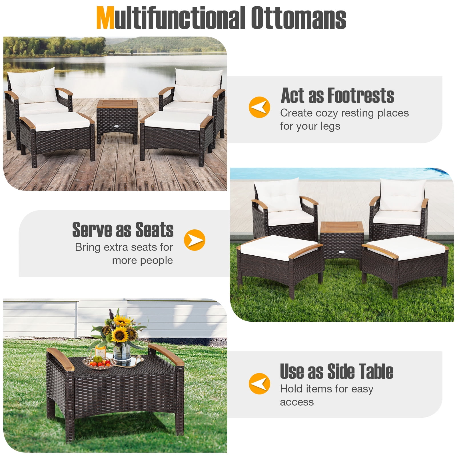 BLACK JAGUAR Outdoor Patio 5PCS Rattan Conversation Furniture Set Acacia Wood Frame Chair with Coffee Table & 2 Ottomans for Backyard&Poolside