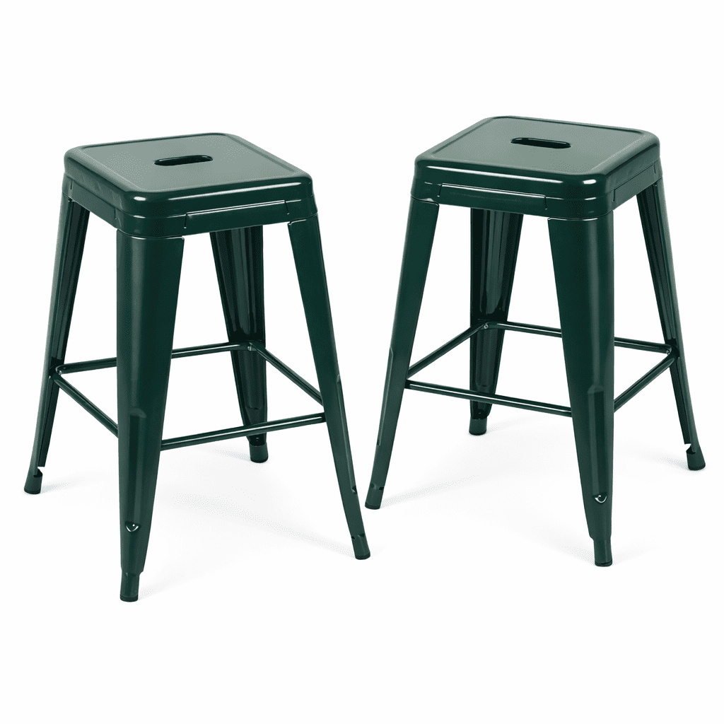 Emerald Green Metal Bar Stools Set of 2, 24 Inch Vintage Luxury Counter Stools, Mid-Century Modern Steel Stools, One-Piece Forest Green Chairs for Dining Area