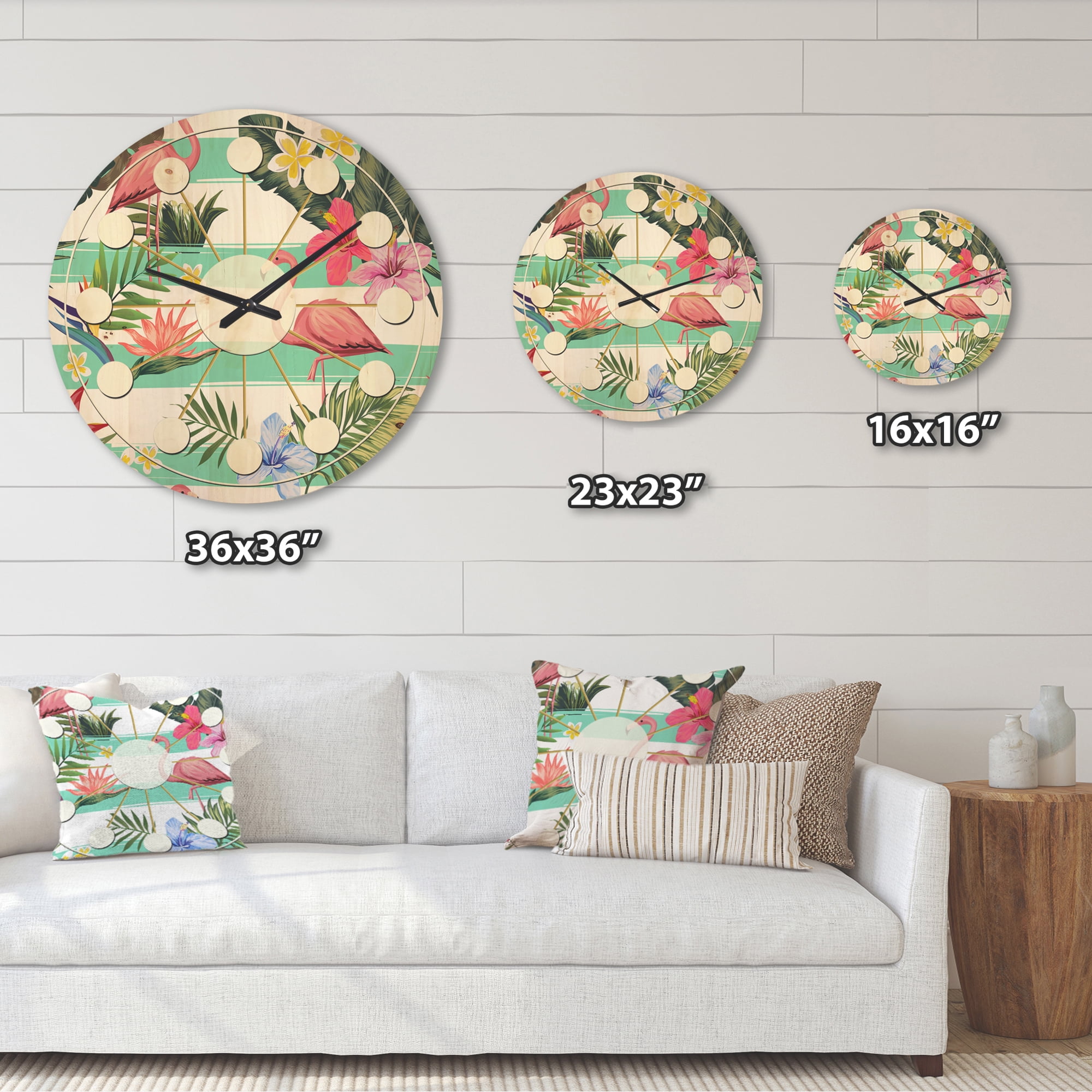 Designart 'Tropical Botanicals, Flamingo and Flowers' Mid-Century Modern Wood Wall Clock