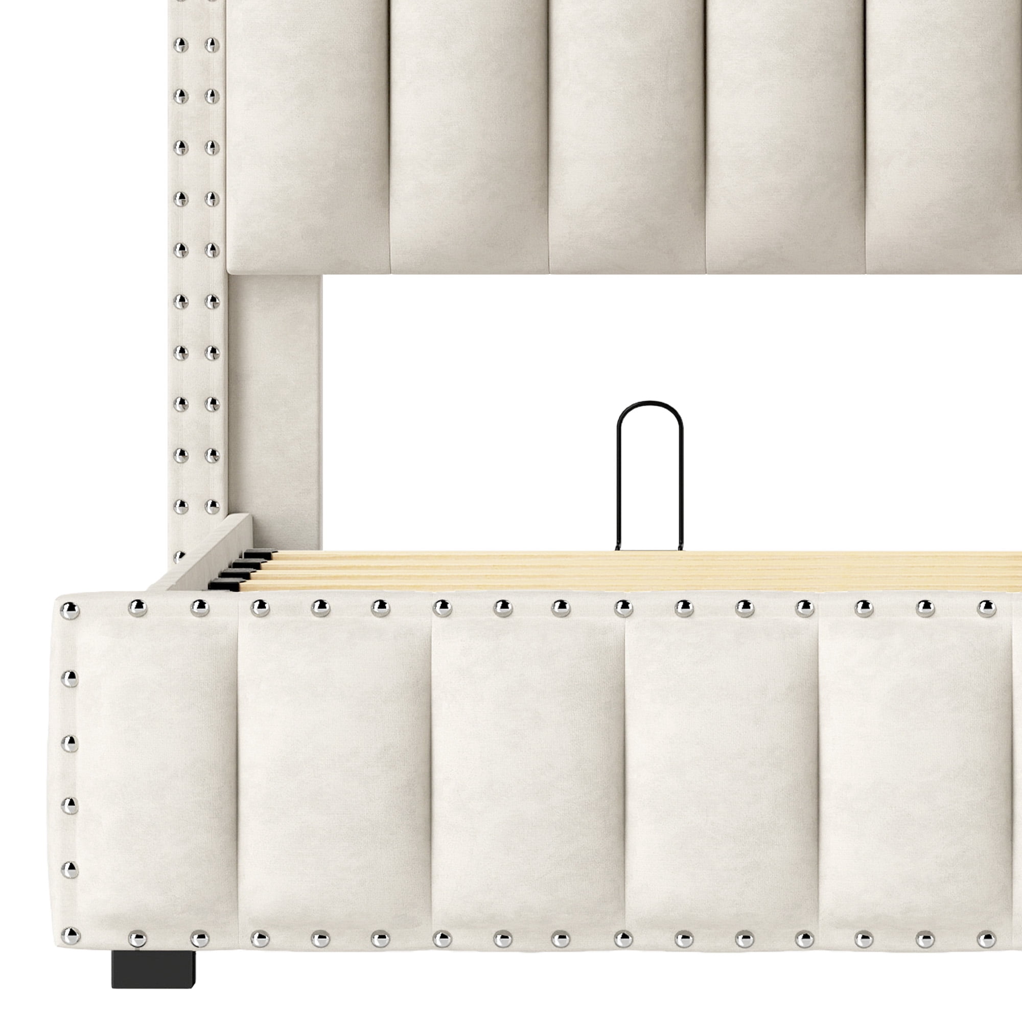 Uforic Full Size Lift Up Bed Frame with LED Lights & Power Outlets, Storage Bed with Upholstered Headboard, Beige