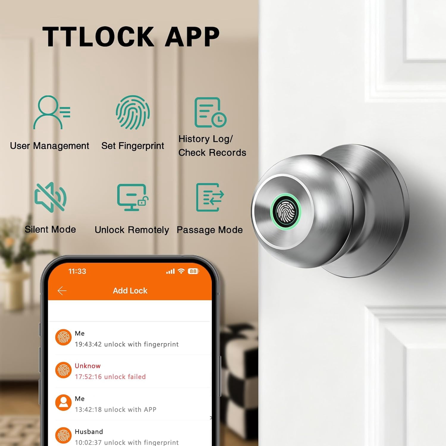 Fingerprint Door Lock, Smart Door Knob with App Control, Auto-Lock, Easy Installation, Great for Bedrooms, Cloakroom, Apartments, Offices (Silver)
