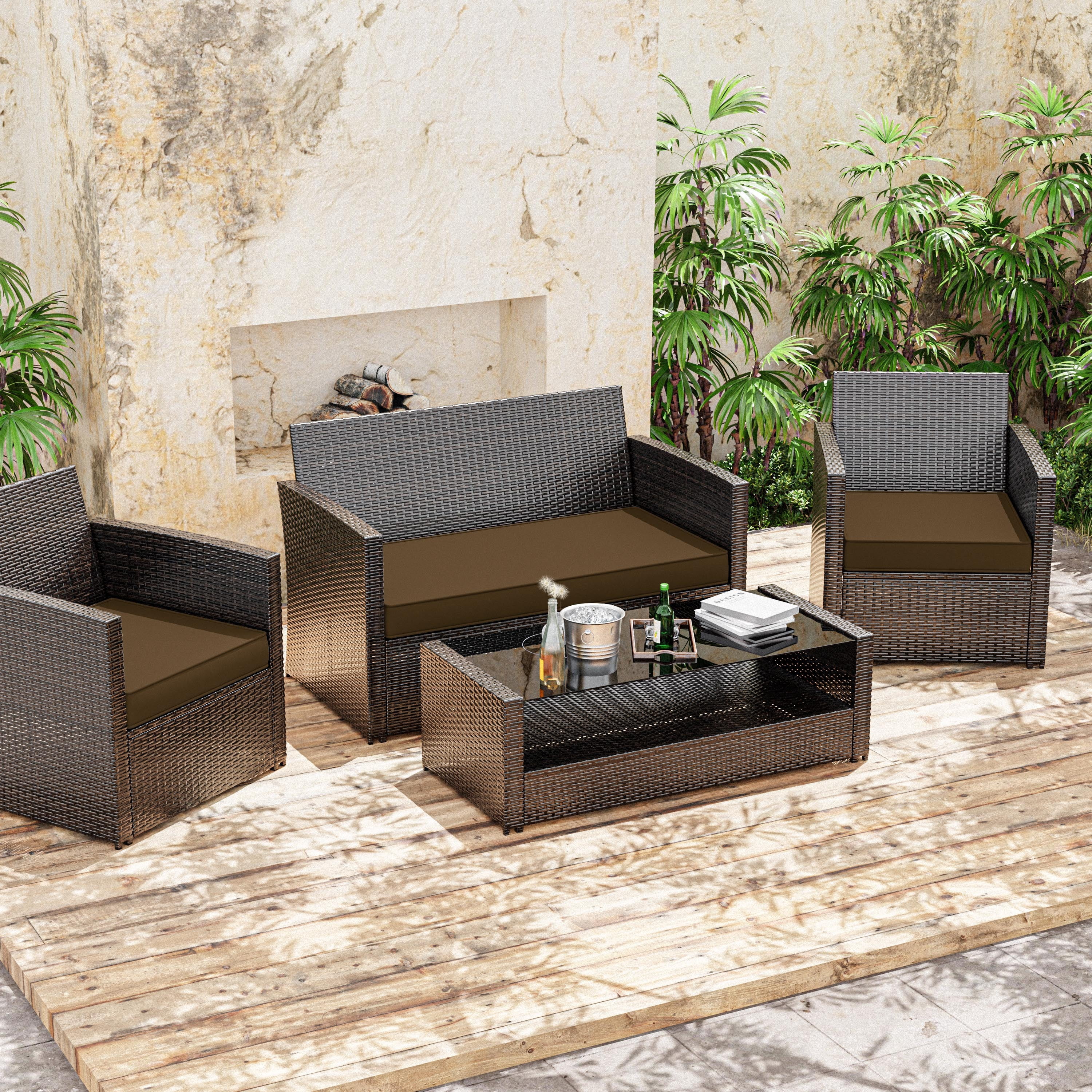Snubbull 3 Pack Outdoor Replacement Cushions for 4-Seater Wicker Rattan Loveseat Sofa Chair Patio Furniture, 36 x 18 x 3,18 x 18 x 3, Chocolate