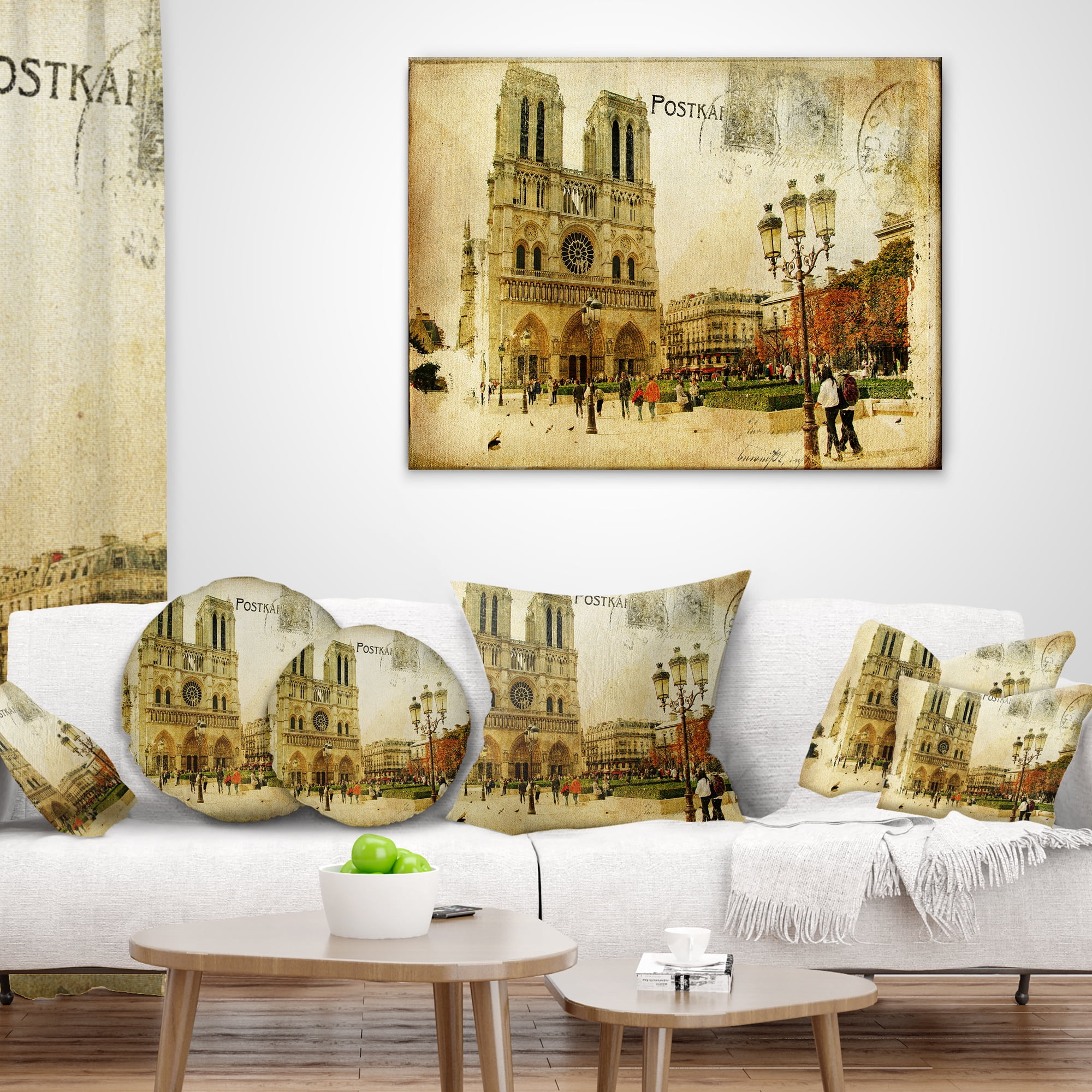 Designart Notre Dame Cathedral Vintage Card - Contemporary Throw Pillow - 12x20