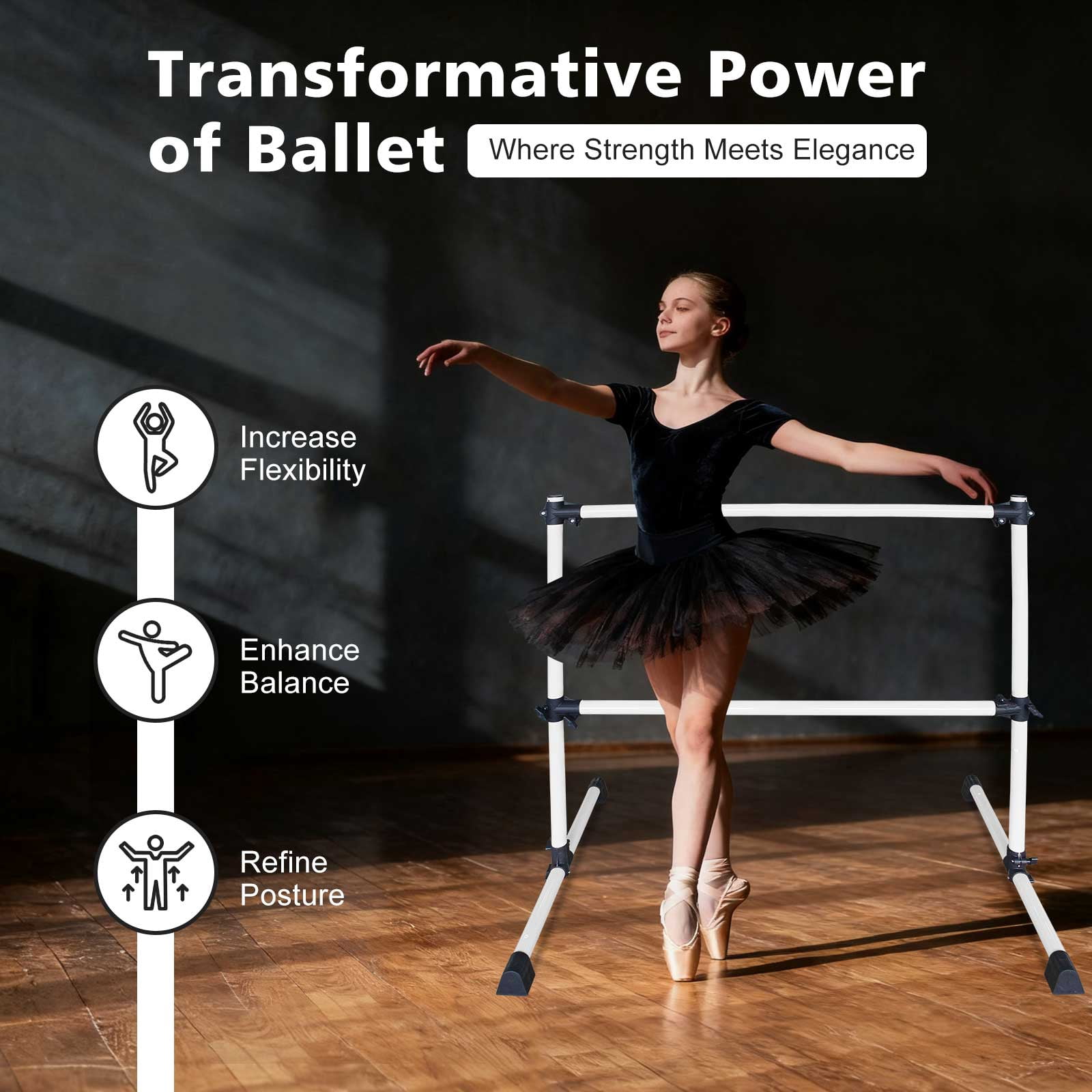EUROCO 4FT Double Ballet Barre, Freestanding and Adjustable Dance Barre