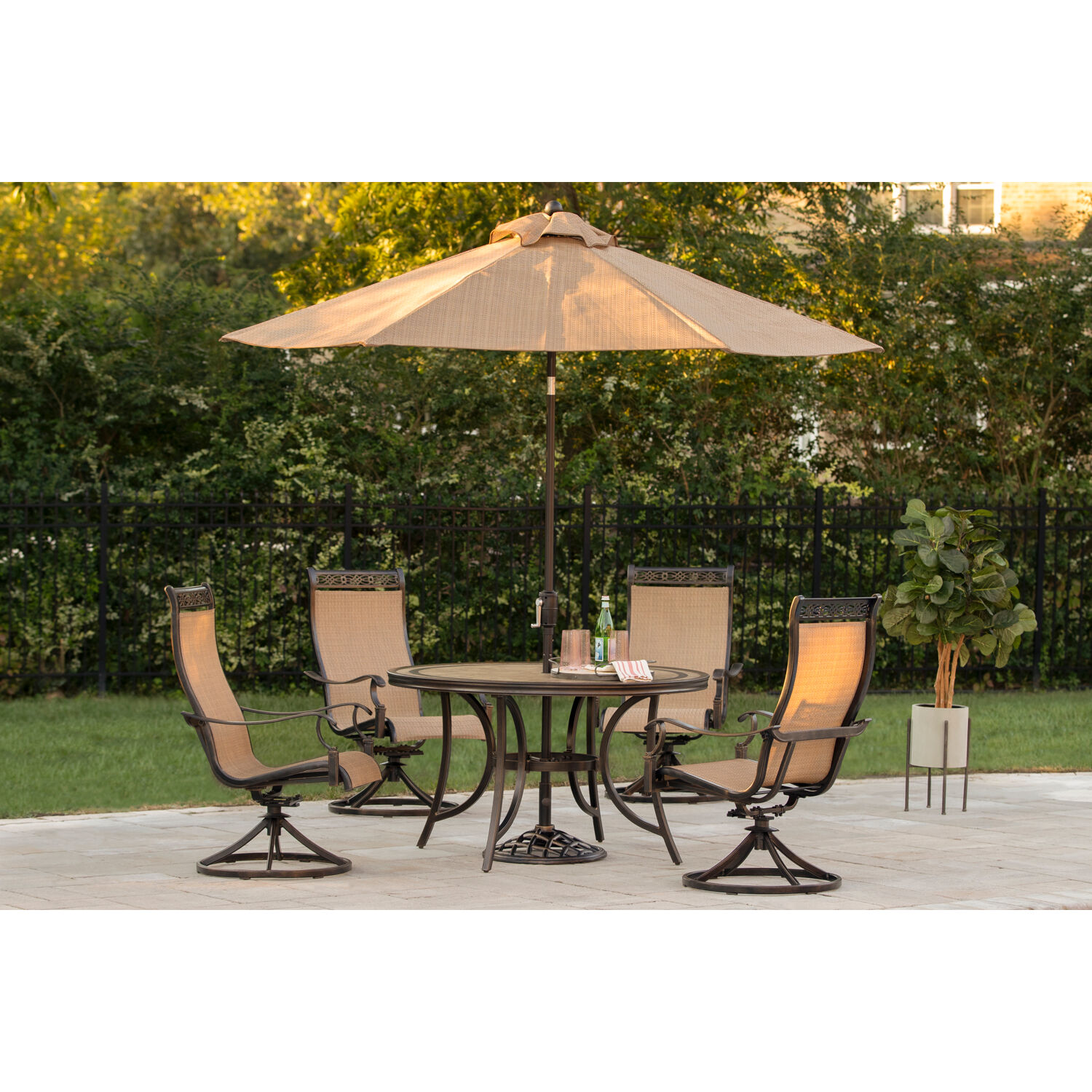 Hanover Monaco 5-Piece Outdoor Furniture Patio Dining Set, 4 Sling Swivel Rocker Chairs, 51" Round Tile-Top Table, Umbrella, and Base, Brushed Bronze - image 3 of 17