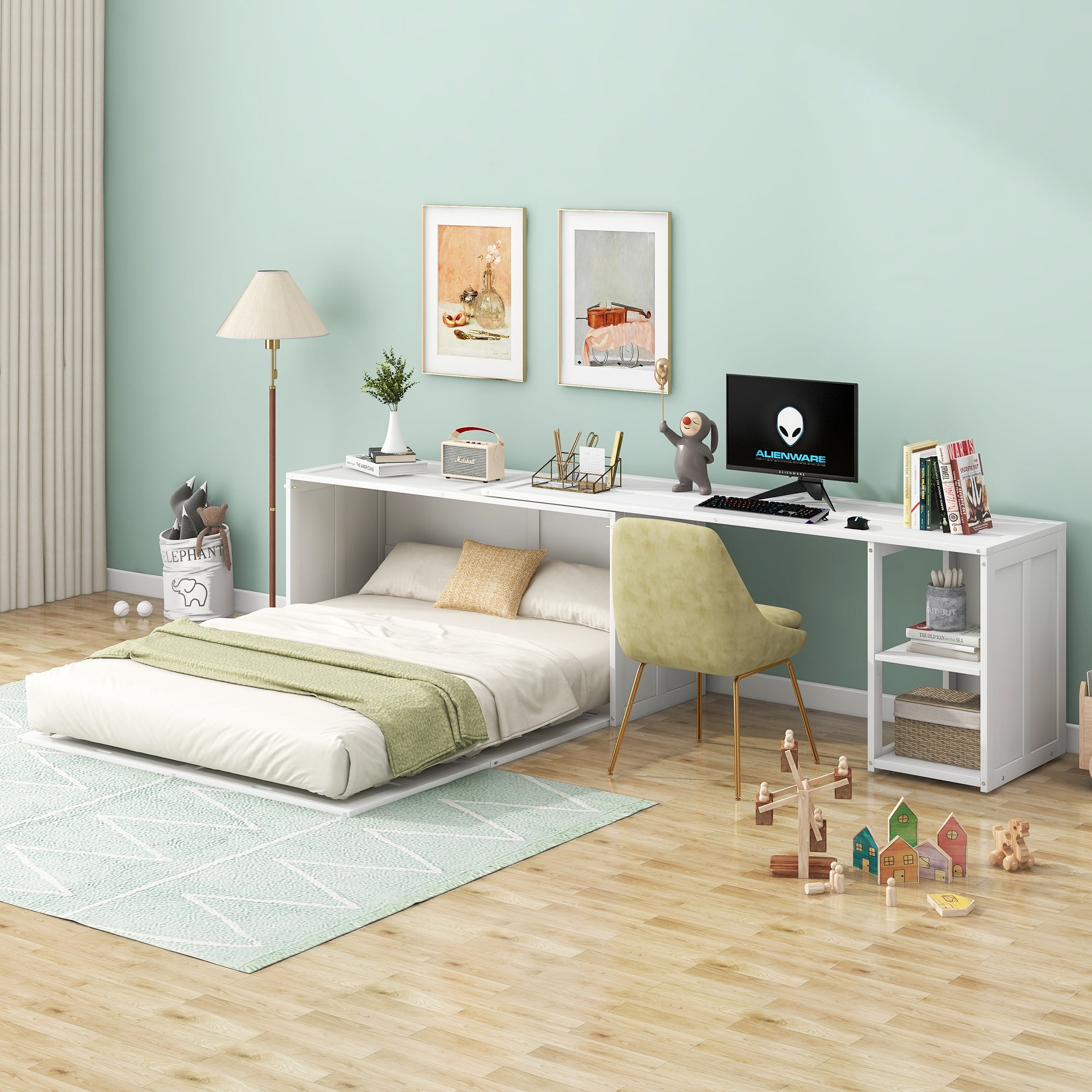 Euroco Queen Size Murphy Bed with Movable Desk, White