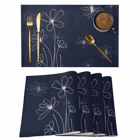 Placemats Set of 8, Navy Blue Woven Placemat, Linen Place Mats for Kitchen/Dining Tables, Spring Flora Washable Table Mats for Party