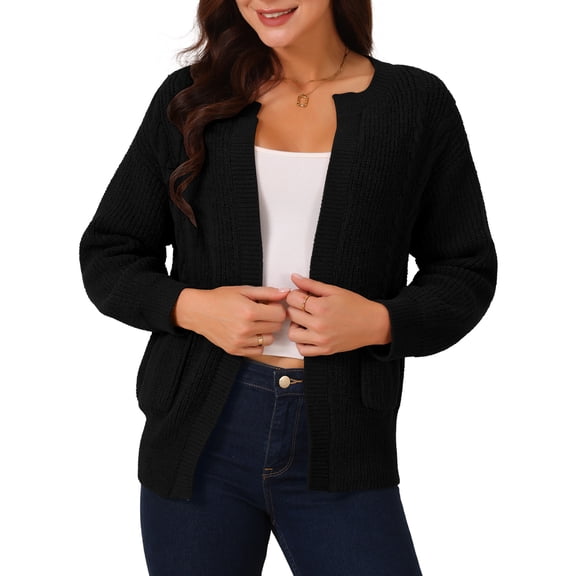 DARING DIVA Women's Open Front Knitted Casual Cardigan with Pockets M Black