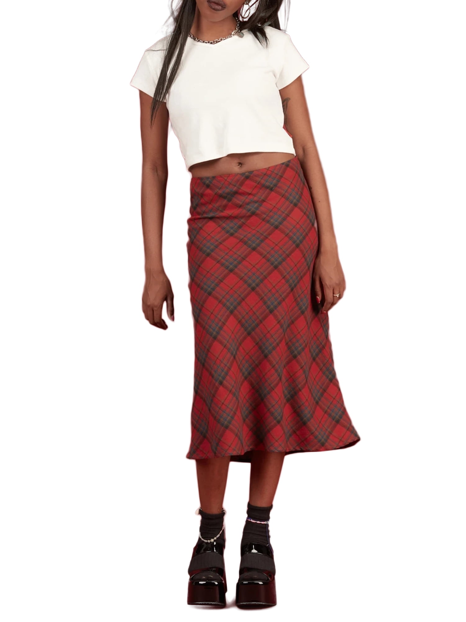 wybzd Women's Plaid Print High Midi Skirt A-Line Bodycon Pencil Skirt Y2K E-Girl 90S Streetwear Red L Walmart.com