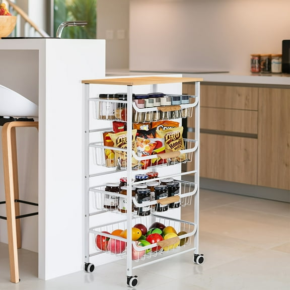 5-Tier Rolling Kitchen Storage Cart - White Metal Snack Cart with Wheels & Drawers for Kitchen, Bathroom, Living Room, Bar & Office, Versatile Gift for Housewarming
