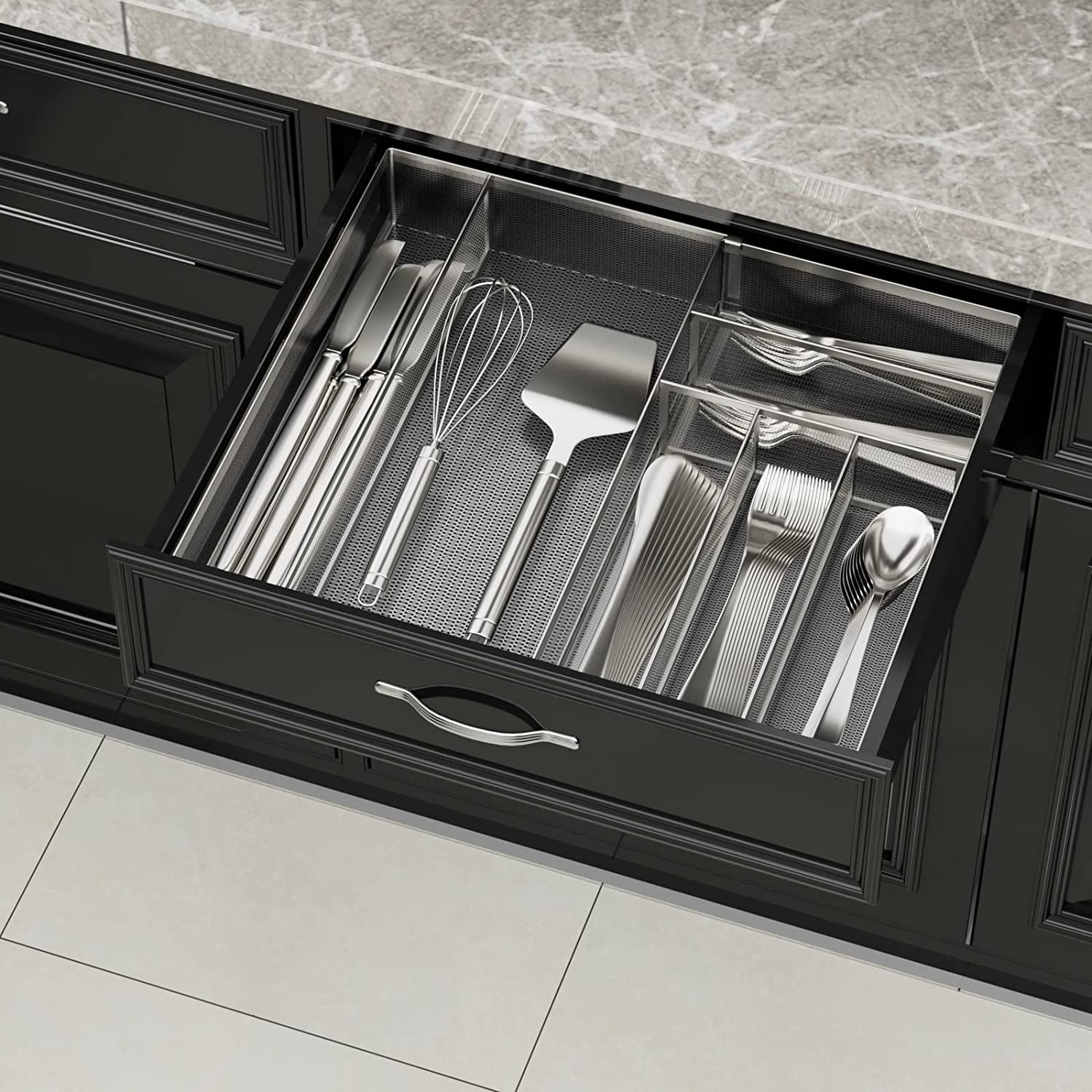 Utensil Drawer Organizer - Expandable Cutlery Tray, Silverware/Flatware Storage Divider for Kitchen, Mesh Designing with Non-slip Rubber Feet (Silver)