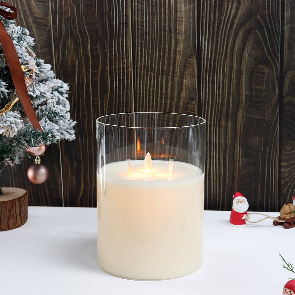 JHY DESIGN 3-Wick Flicker LED Flameless Pillar Candles with Timer, Real Wax, Battery Operated, 8'' High