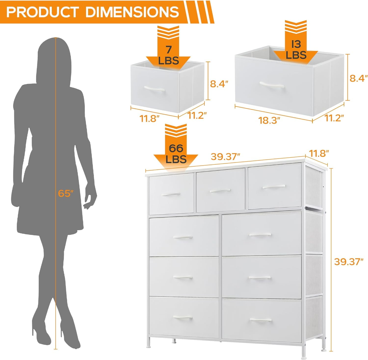 9 Drawer Dresser, Wide Chest Of Drawers Nightstand Storage Tower Storage Dresser Fabric Dresser With Wood Top for Living Room, Bedroom, Hallway, White