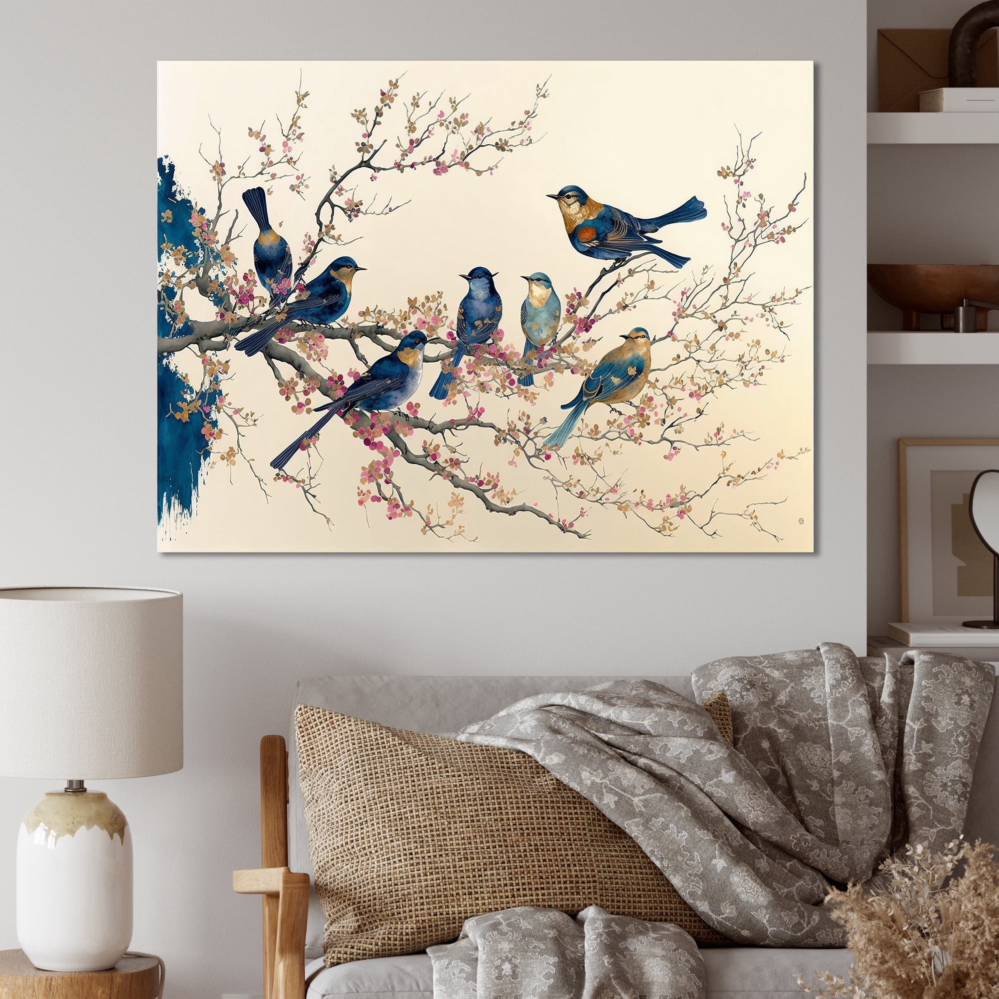 Designart Multicolor Birds On Plum Blossoms Tree VI Canvas Wall Art