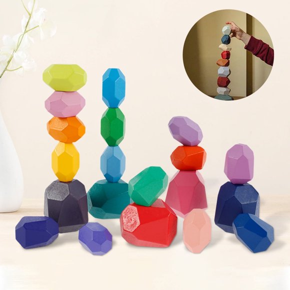Pcs Wooden Stone Balancing Blocks- Colorful Wood Stone Building Blocks Natural Balancing Stacking Game Rock Blocks for Kids Educational Toys