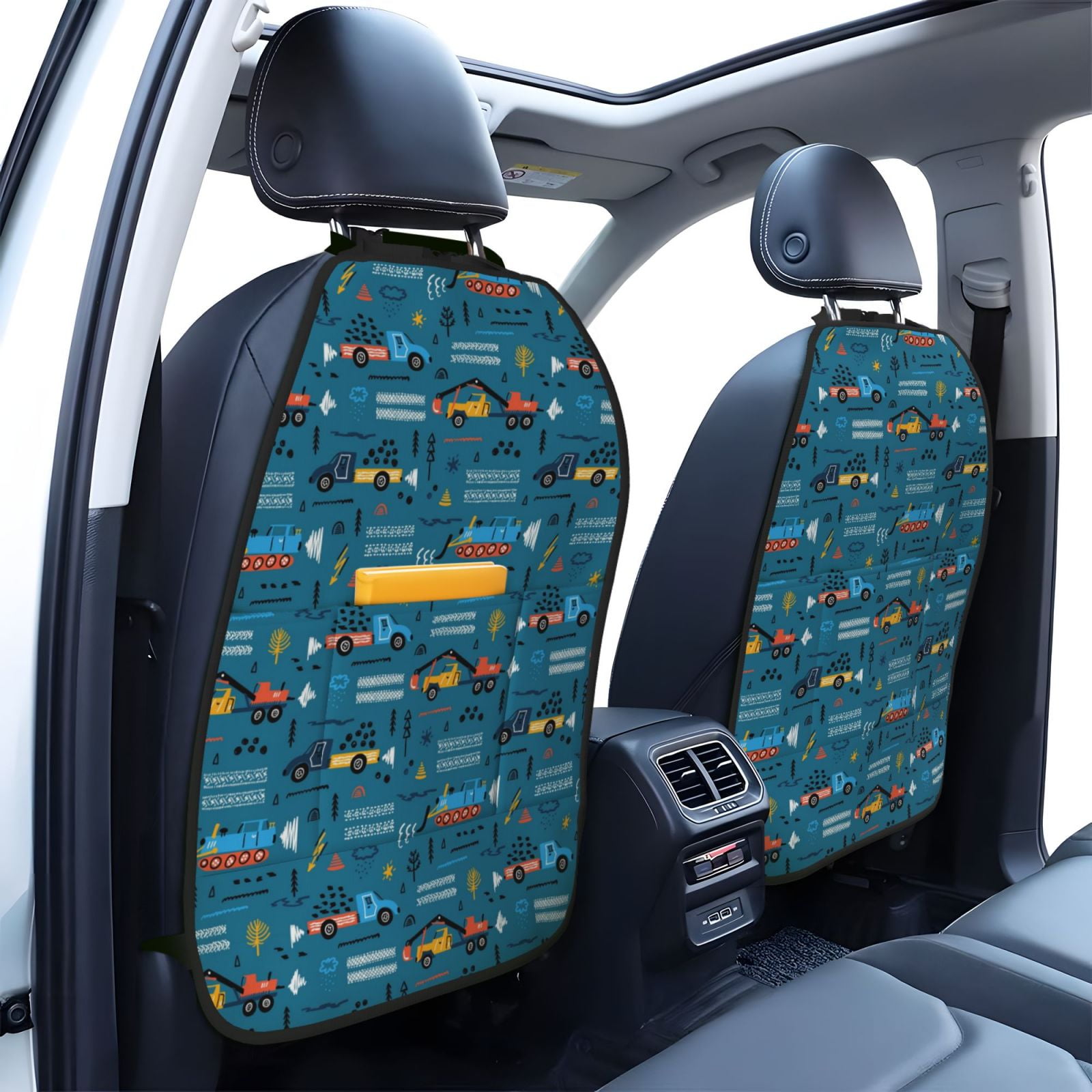 Xecao Construction Trucks Pattern Car Seat Back Protector 2 Pack Large Capacity Pocket, Kick Mats Back Seat Protector