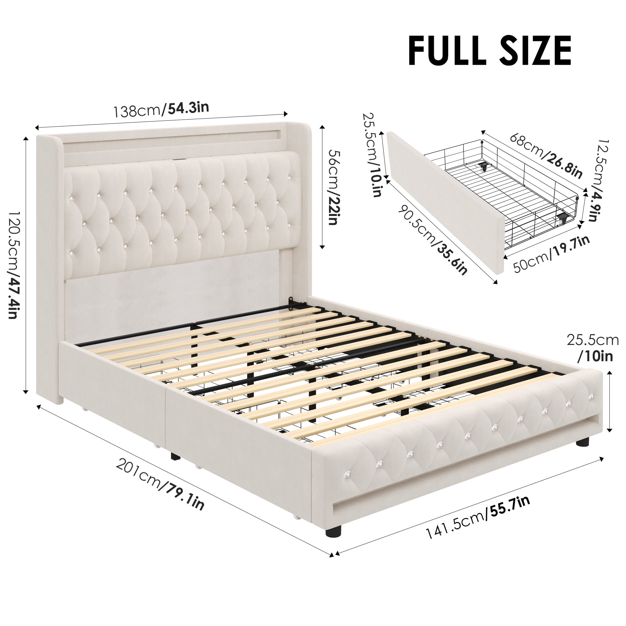 Homfa Full Size LED Bed Frame with Outlets and USB Ports, 4 Storage Drawers Modern Wingback Crystal Button Tufted Velvet Upholstered Platform Bed Frame, Beige