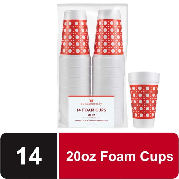 Social Butterfly Disposable Foam Cups, 20 oz, Red Cane Pattern, 14 Count