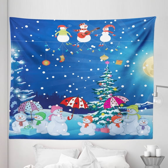Christmas Tapestry, Jolly Snowman Party Winter Happy Cartoon Style Illustration, Fabric Wall Hanging Decor for Bedroom Living Room Dorm, 5 Sizes, Multicolor, by Ambesonne