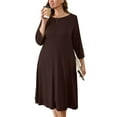 thumbnail image 1 of SHOWMALL Robes Plus Résistantes au Travail pour Femmes Marron Foncé 1X Robe Décontractée Manches 3/4 Robe Midi Col Bateau Robe Fluide avec Poches, 1 of 6