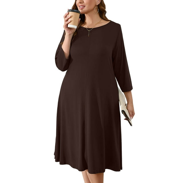 SHOWMALL Robes Plus Résistantes au Travail pour Femmes Marron Foncé 1X Robe Décontractée Manches 3/4 Robe Midi Col Bateau Robe Fluide avec Poches