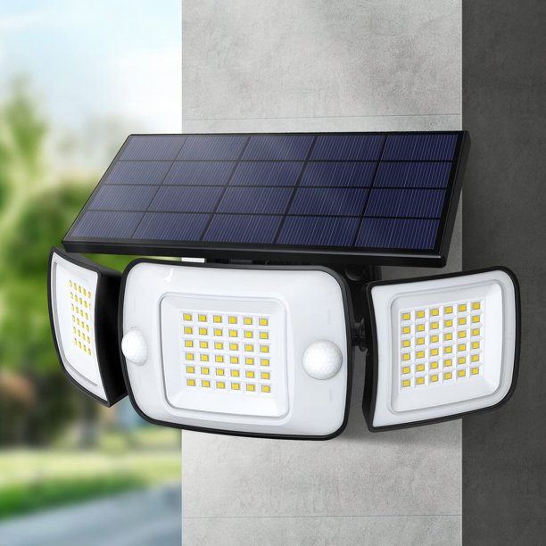 intelamp Luces solares para exteriores 3 cabezales Luces con sensor de movimiento con sensores duales IP65 Luces de inundación solares LED impermeables Luces de pared para exteriores 270