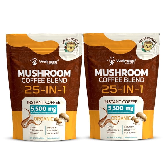 WELLNESS LABSRX Organic Instant Mushroom Coffee 25-in-1 Blend, Smooth Medium Roast (Pack of 2)