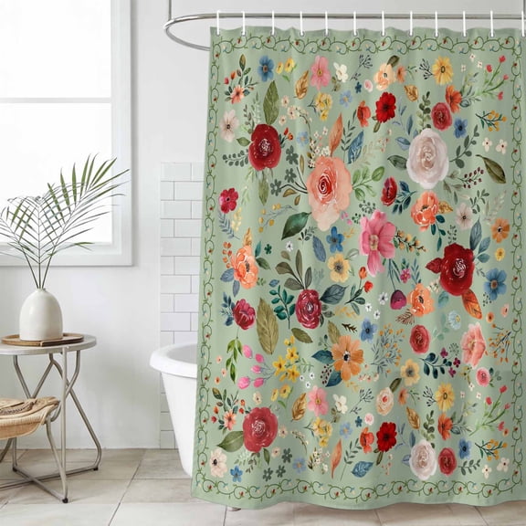 Sage Green Floral Waterproof Fabric Shower Curtain,Spring Flowers Leaves Farmhouse Waterproof Fabric Shower Curtain for Bathroom Curtains Bathtubs Hotel Shower Curtains with 12 Hooks Standard 66x72