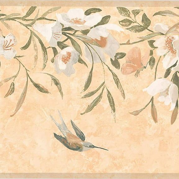 Concord Wallcoverings Elegant Garden Wallpaper Border Featuring Hummingbirds Flowers Dragonflies, Colors Beige Green Yellow White, Size 10.25 Inches by 15 Feet KT8474B