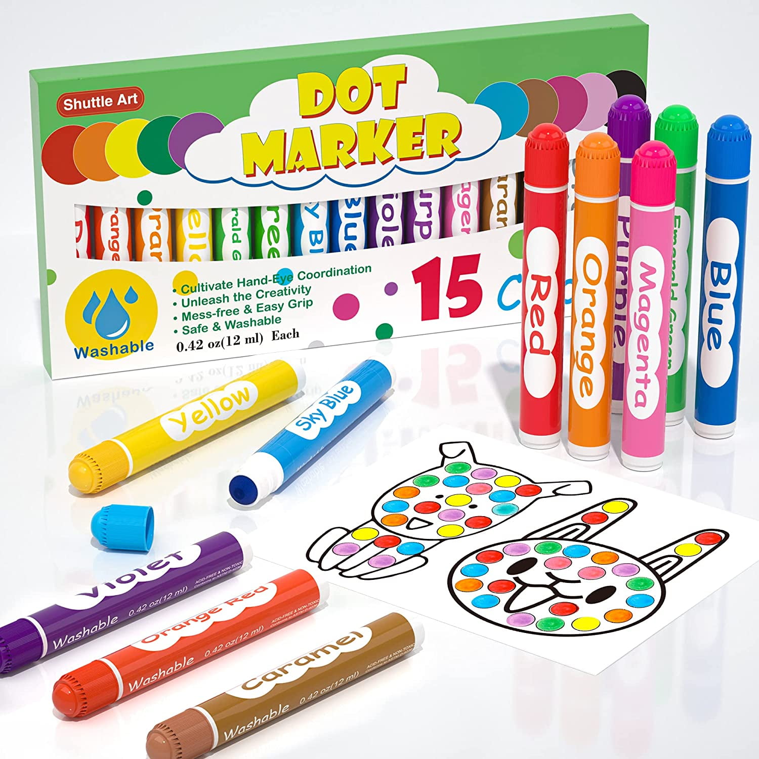 Shuttle Art Dot Markers, 15 Colors Washable Markers for Toddlers,Bingo