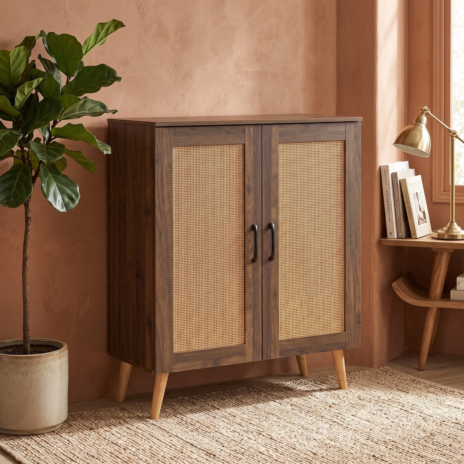 Furnibear 5-Tier Rattan Shoe Cabinet with 3 Removable Shelves and Woven Doors for Entryway and Hallway Shoe Storage, Walnut