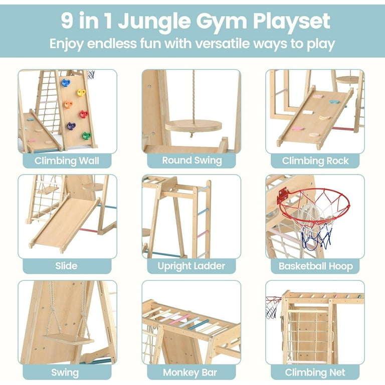 Indoor Jungle Gym, 9 in 1 Kids Indoor Playground, Climbing Toys for Kids with Climbing Wall, Slide, Monkey Bars, Rope Ladder and Hanging Ring, Climber Indoor Jungle Gym, 9 in 1 Kids Indoor Playground, Climbing Toys for Kids with Climbing Wall, Slide, Monkey Bars, Rope Ladder and Hanging Ring, Climber