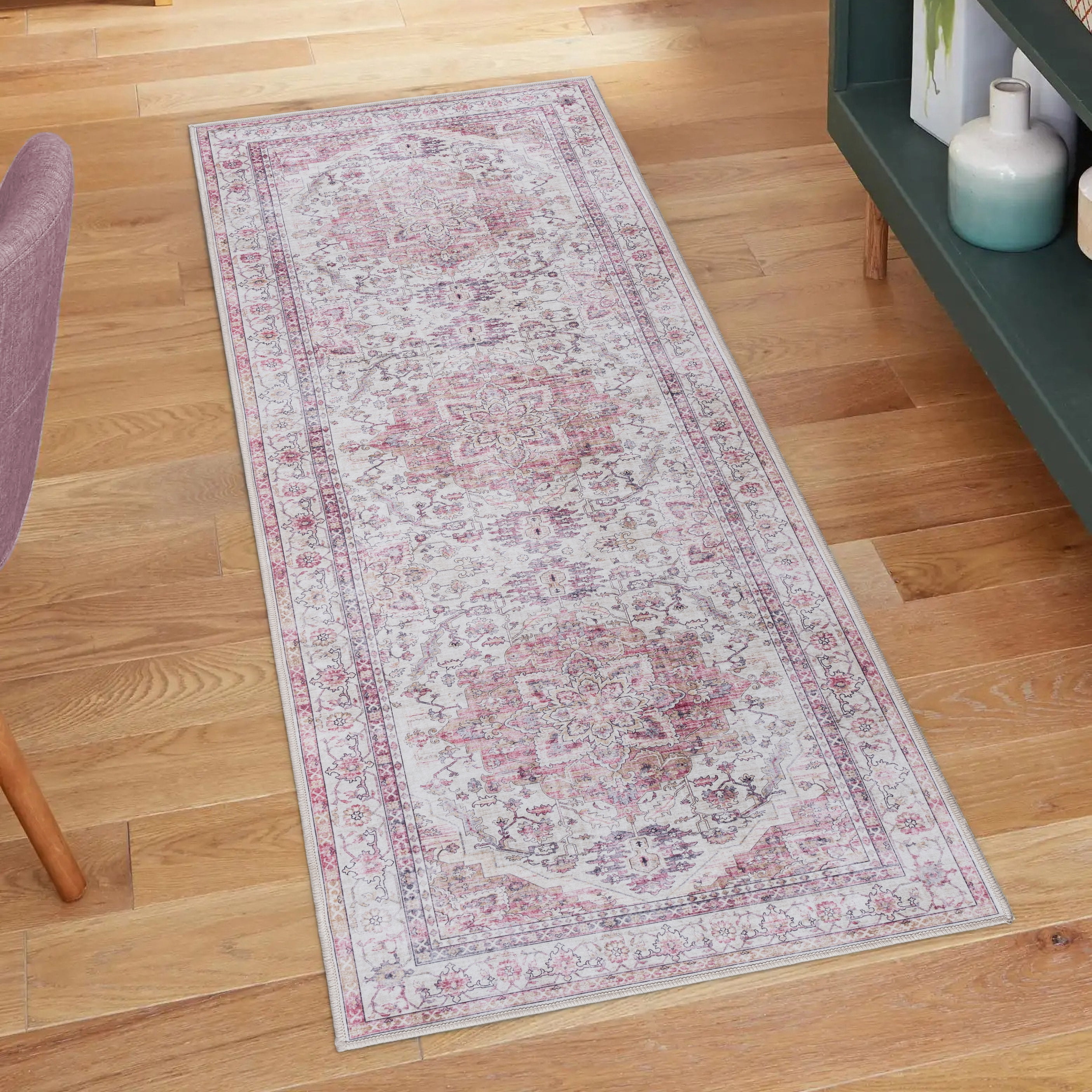 Crystal Print Soha Traditional Moroccan Pink Washable Indoor Area Rug, 2x6