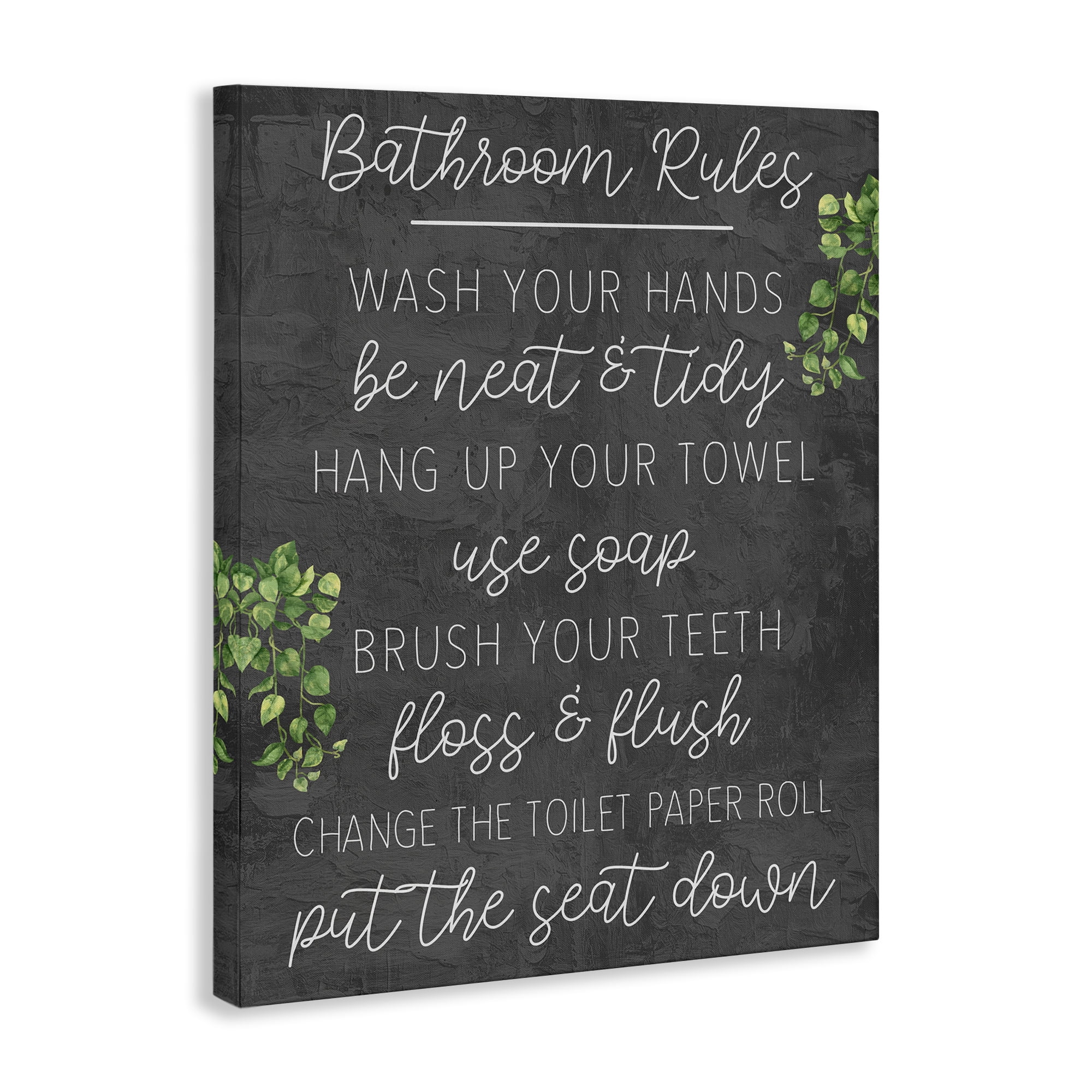 Stupell Industries Bathroom Rules with Greenery Bath & Laundry Painting Wrapped Canvas Art Print Wall Art, 24 x 30