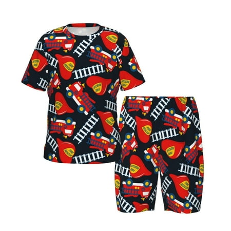 Picia Fire Rescue With Red Helmet And Truck Printed Boys  Kids-PJ Snug Fit Cotton Short Sleeve Top and Shorts 2 Piece Pajama Set-3X-Large